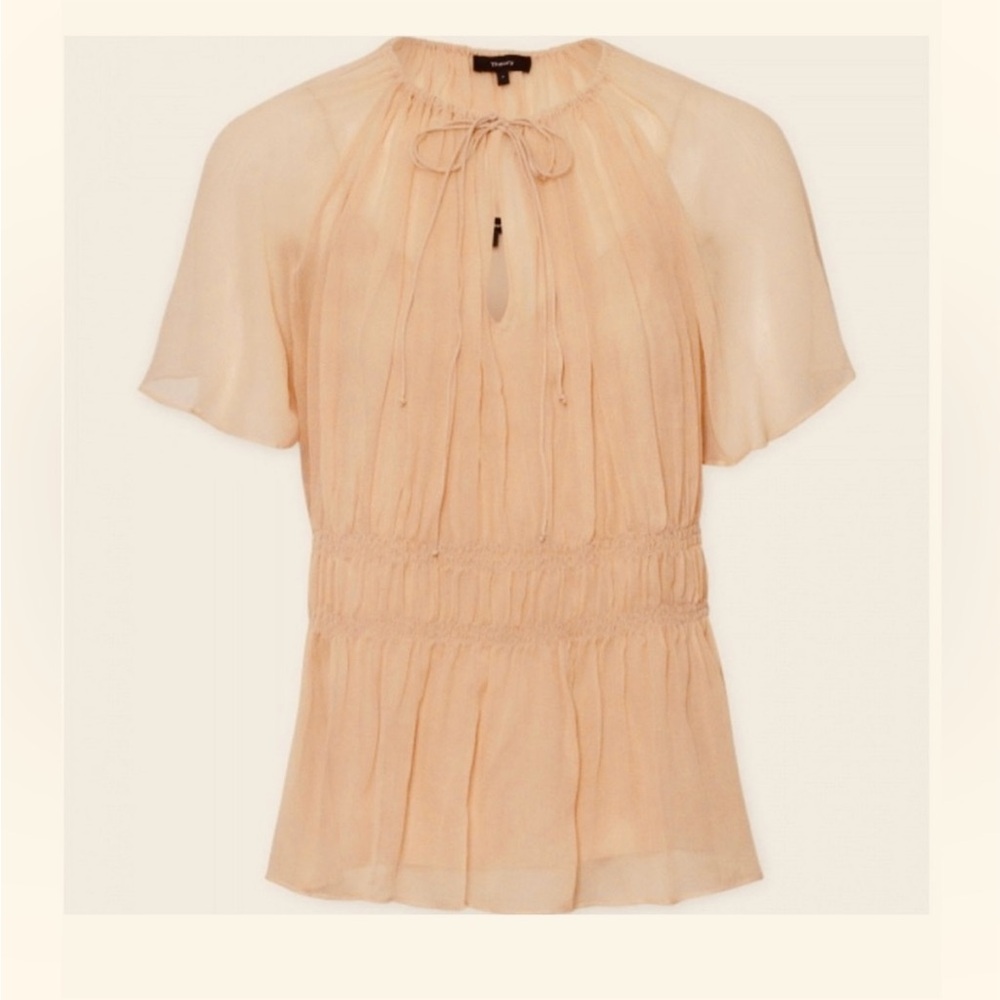Theory 100% Silk Peach Sheer Peplum Blouse Top Size M goddess